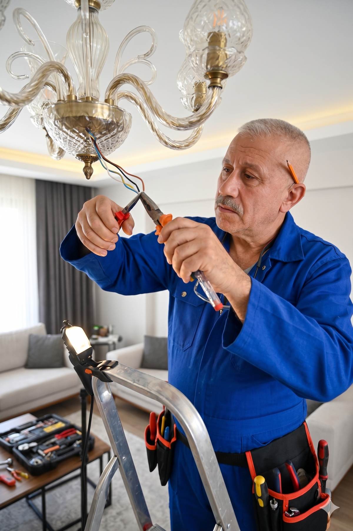 Avize ve aydınlatma montajı - elektrikçi kristal avize kablolarını bağlıyor